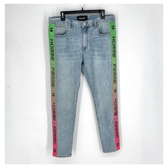 Homme + Femme NEW Tesla Skinny Blue Jeans Sz 38 Green Pink Gradient Logo Ribbon - Picture 1 of 8